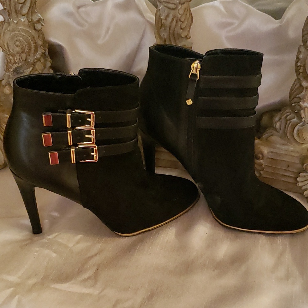 Black suede with gold buckle booties